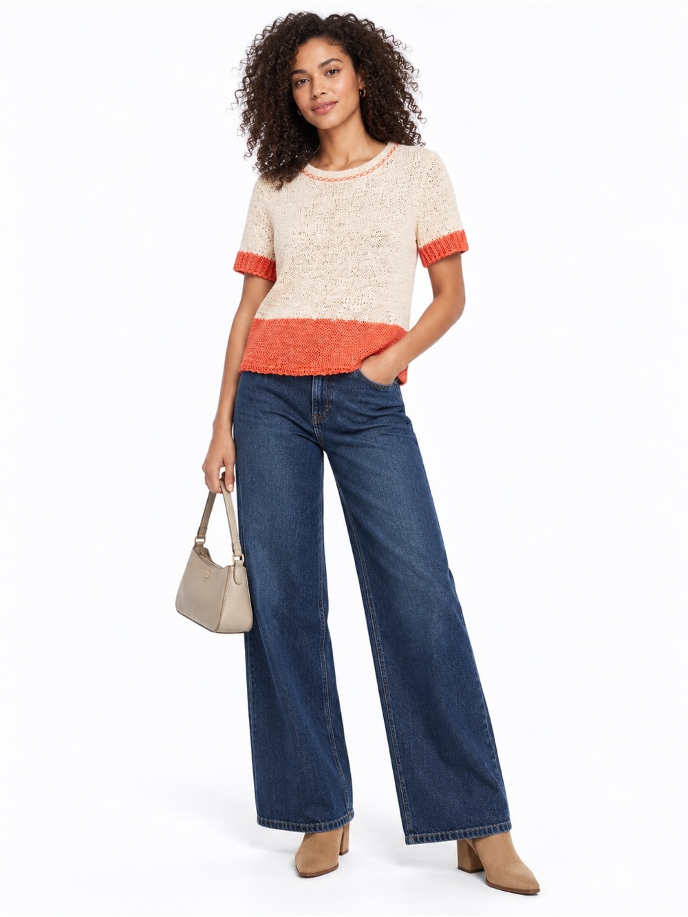 Zara Cream Coral Orange Open Knit Short Sleeve Top Size S